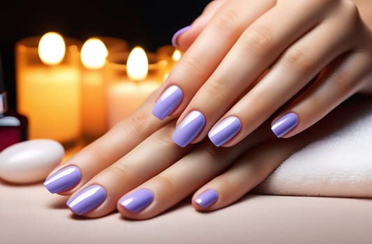 Close-up of a beautiful female hand with lilac nails on a dark blurred background of the spa salon. Conceptual hand care.