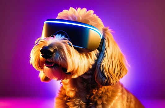 Funny dog with virtual reality glasses, neon background, humor.