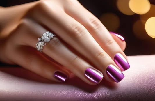 Close-up of a beautiful female hand with lilac nails on a dark blurred background of the spa salon. Conceptual hand care.