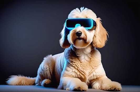 Funny dog with virtual reality glasses, neon background, humor.