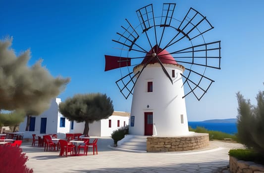A picturesque coastal landscape with a windmill and a small outdoor cafe in a Greek resort.