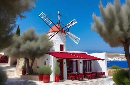 A picturesque coastal landscape with a windmill and a small outdoor cafe in a Greek resort.