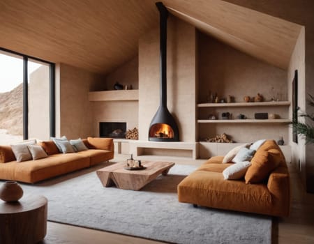 Eco-friendly living room interior in a minimalist house. AI generation