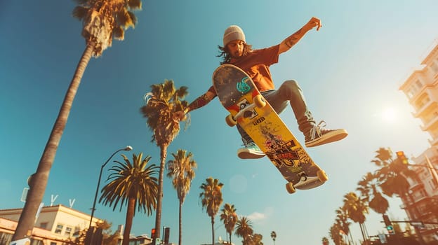 A man is performing a stunt on a skateboard in the sky, with palm trees and buildings in the background. He looks happy and is enjoying leisure travel fun at an event