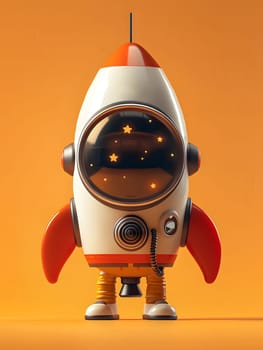 A toy cartoon rocket with a helmet stands on an orange background. The fictional character resembles an astronaut with personal protective equipment