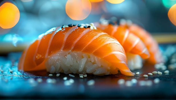 Salmon nigiri sushi with sesame seeds on black background.