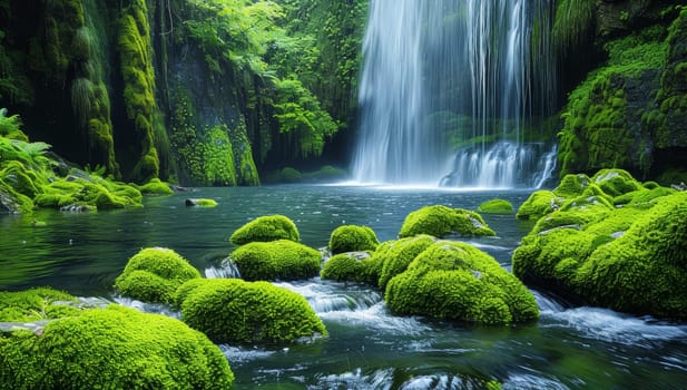 Beautiful waterfall in the forest with green moss and clear water.