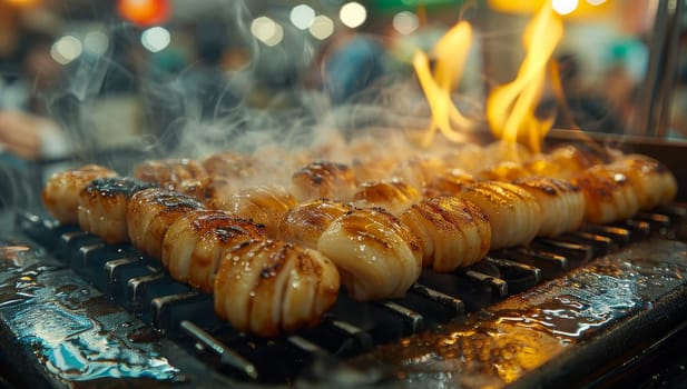 Sizzling Grilled Sausages at Night Street Food Market