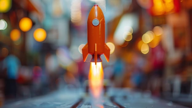 Close up of toy rocket on blurred background. Concept of start up.