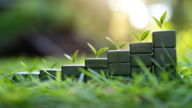 Conceptual image of growing green tree on green grass background.