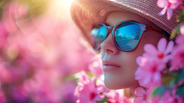 Beautiful Girl in Hat and Sunglasses Amidst Pink Flowers