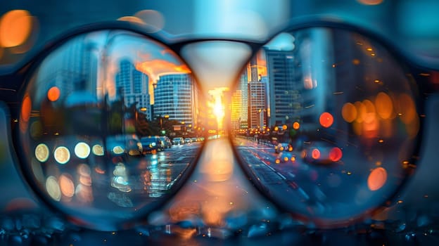 cityscape reflected in glasses at dusk