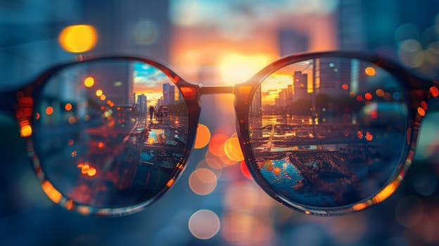 Sunglasses on the background of the city at sunset.