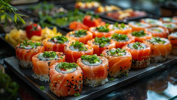 Fresh sushi rolls with salmon sesame seeds and green garnish