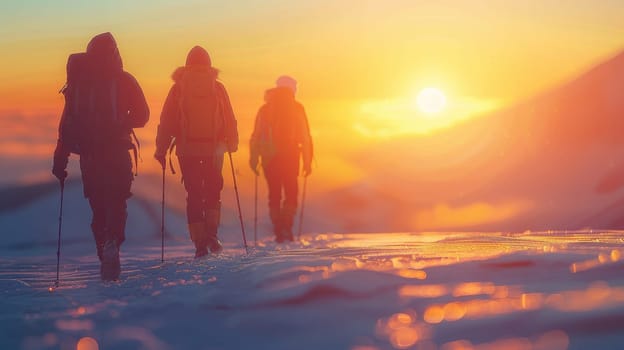 Trekking Trio Navigating Snowy Mountain at Sunset