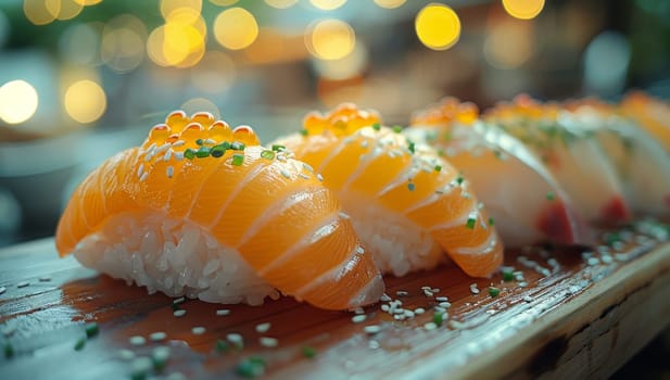 Sushi set served on wooden plate in restaurant