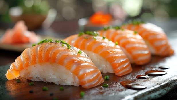 Salmon Nigiri Sushi Garnished with Herbs on Wooden Surface