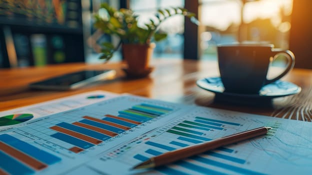 financial chart on wooden table with coffee cup, business and finance concept