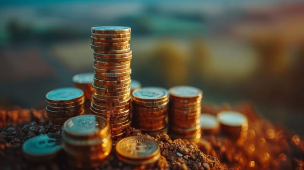 Coins stacked on each other in the ground, business growth concept