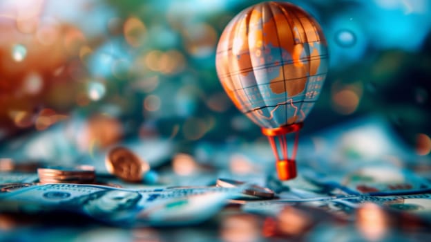 Hot air balloon on a background of money and bokeh.