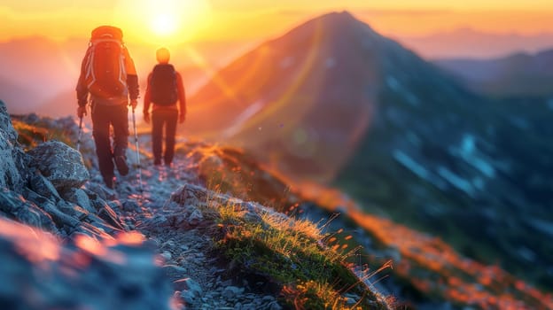 Hikers on the trail in the Carpathian mountains at sunset
