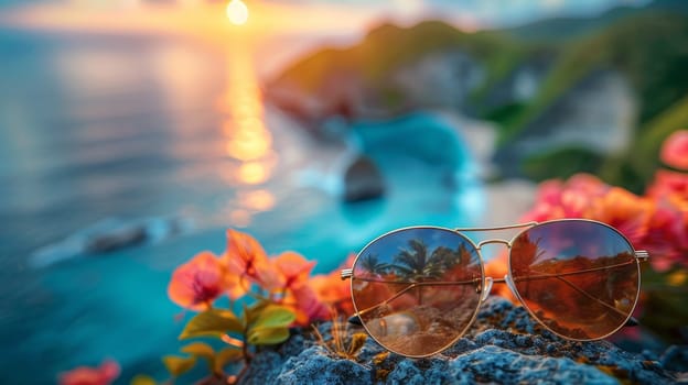 Sunglasses on the rock near the sea with sunrise background.