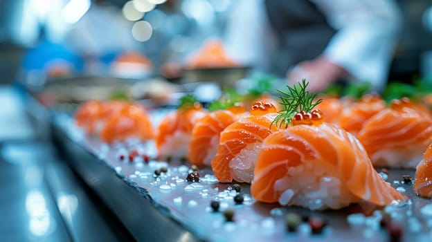 Fresh Salmon Sashimi in Japanese Restaurant Kitchen
