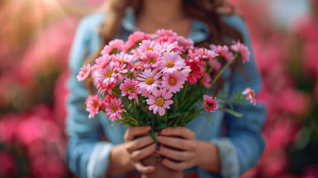 Girl holding a bouquet of pink daisies in her hands