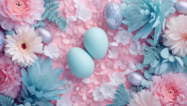 Blue Easter eggs and vibrant flowers on pink backdrop
