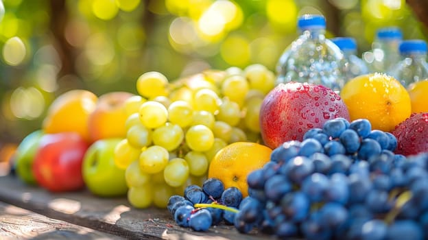 Fresh Fruits and Water Bottles in Garden Setting