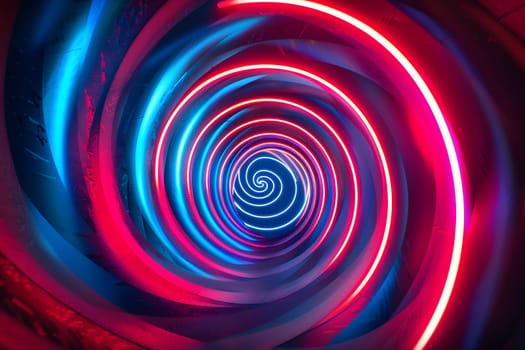 A vibrant swirl of red and blue hues dances in the darkness, creating a mesmerizing visual effect lighting up the space with colorfulness and artistry
