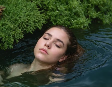 Portrait of a young woman floating on her back in water. AI generation
