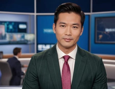 An image of an Asian daily news anchor in a television studio. AI generation