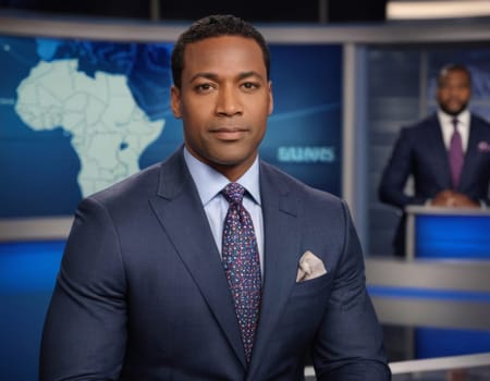 Image of an African American male anchor in a daily news television studio. AI generation