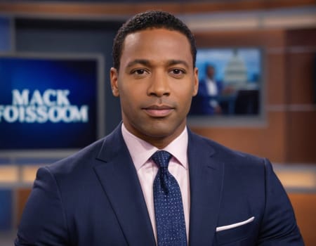Image of an African American male anchor in a daily news television studio. AI generation