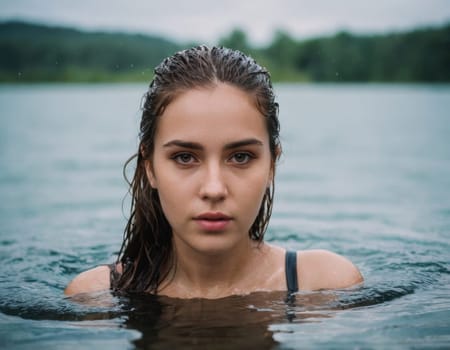 Image of a young girl bathing in the river. AI generation