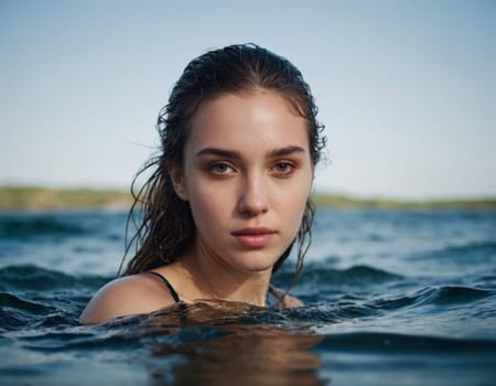 Image of a young girl bathing in the river. AI generation