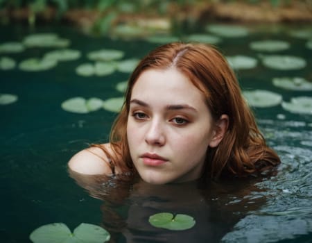 A woman bathes in a pond with water lilies.AI generation