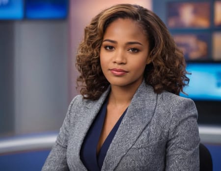 Portrait of a female African American news correspondent. AI generation