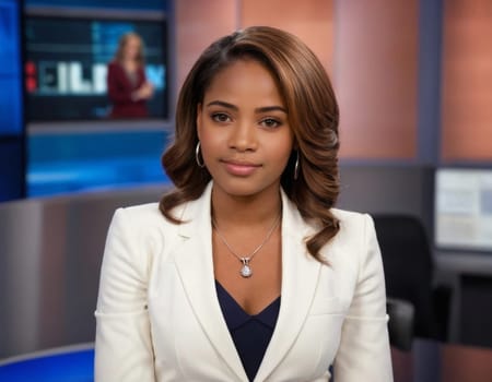 Portrait of a female African American news correspondent. AI generation