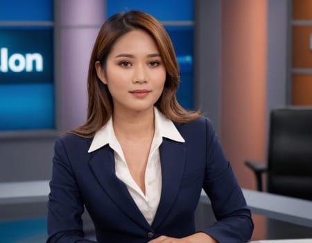 Asian woman daily news anchor. AI generation