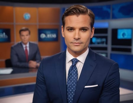 Image of male anchor in a daily news television studio. AI generation