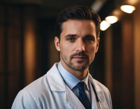 Portrait of a male doctor in a white coat. Generation of AI.