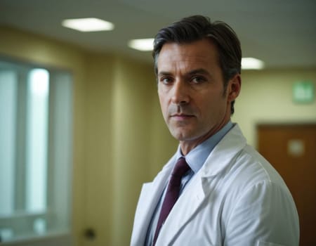 Portrait of a male doctor in a white coat. Generation of AI.