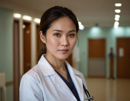 Asian female doctor in a white coat in the hospital. AI generation