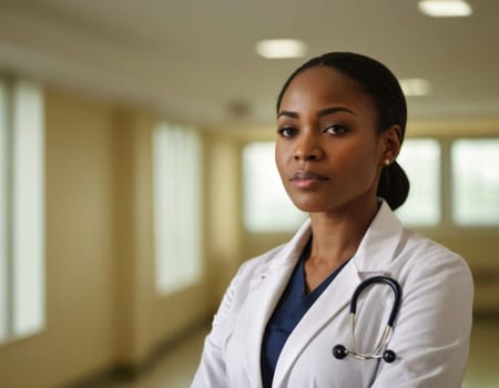 Image of a young female doctor in a hospital interior. AI generation