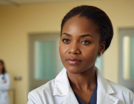 Image of a young female doctor in a hospital interior. AI generation