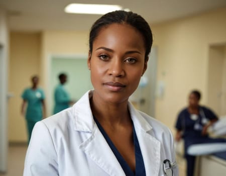 Image of a young female doctor in a hospital interior. AI generation