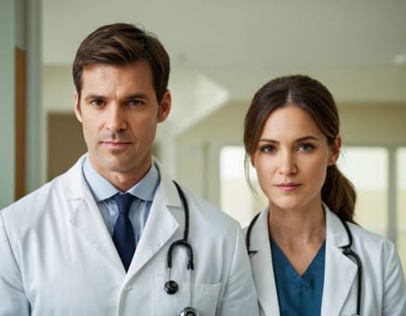 Image of male and female doctors in hospital interior. AI generation