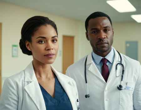 Image of African American male and female doctors in a hospital interior. AI generation